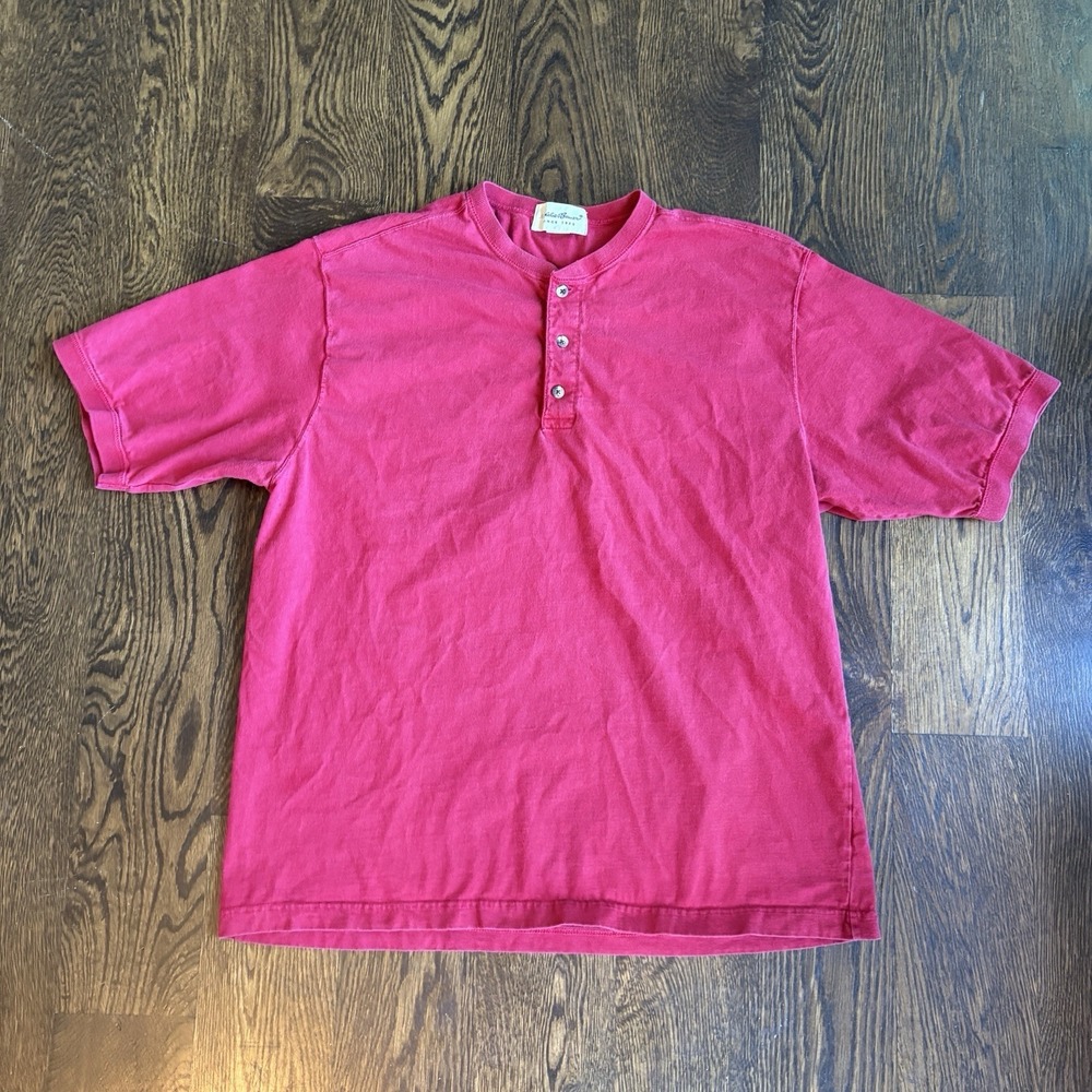 VTG Eddie Bauer Henley Shirt Mens L Red Short Sleeve Heavy Cotton Boxy Blank